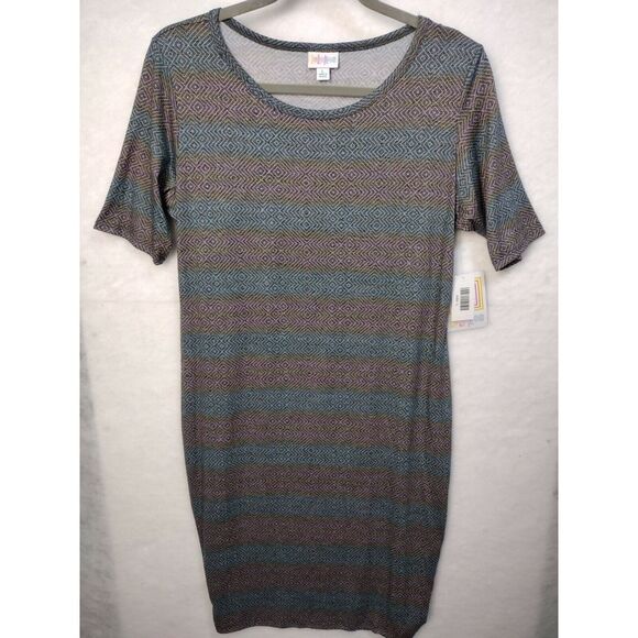 NWT Large LuLaRoe Dress Muted Gray/Teal/Pink Striped ~ MINT Condition ~L - Picture 2 of 5